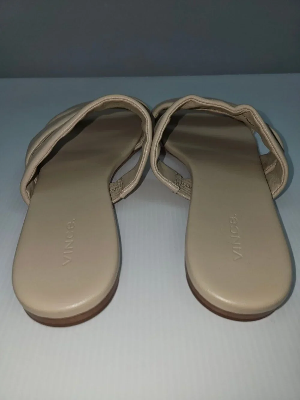Vince Dallas Flat Slide Sandal Womens 9.5 Beige Leather Triple Strap Square Toe
